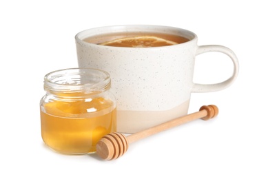 Photo of Cup of hot tea with lemon and honey jar on white background