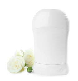 Photo of Natural female deodorant with roses on white background