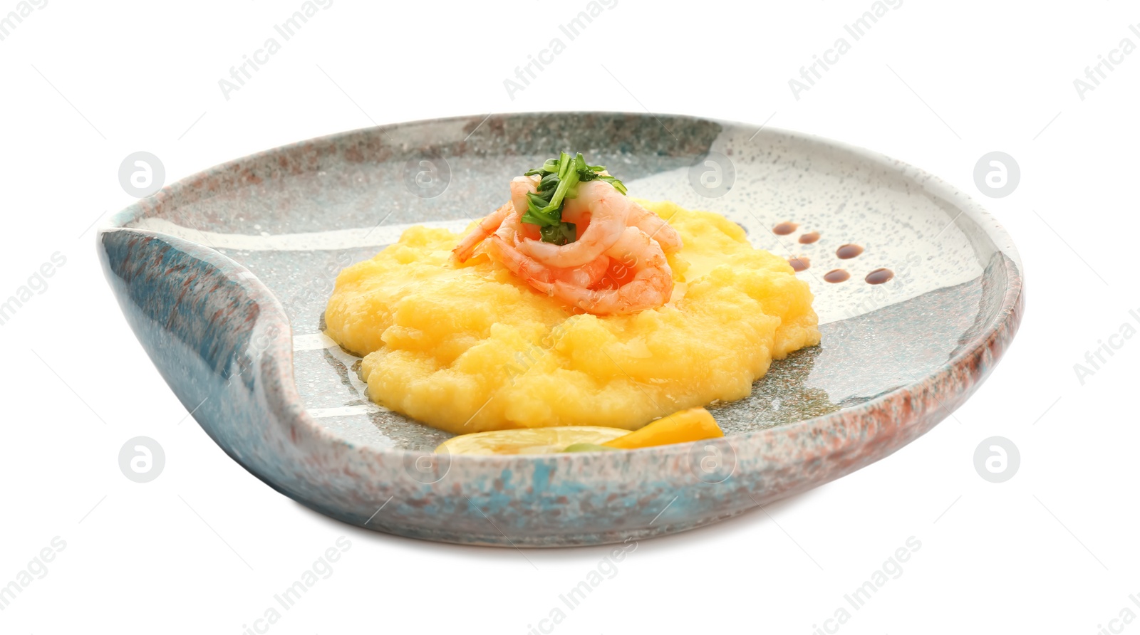 Photo of Plate with tasty shrimps and grits on white background