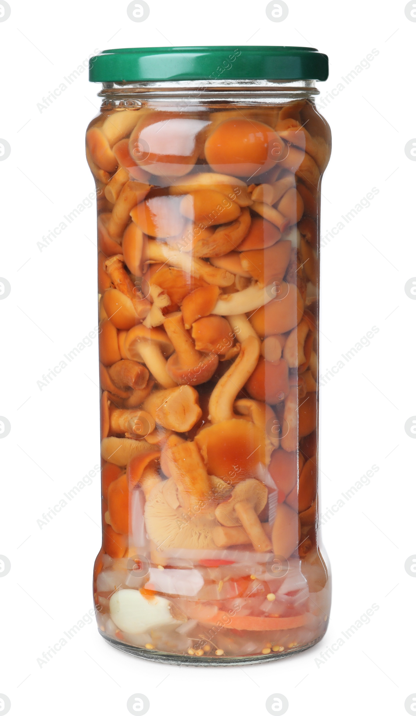 Photo of Glass jar with pickled mushrooms isolated on white