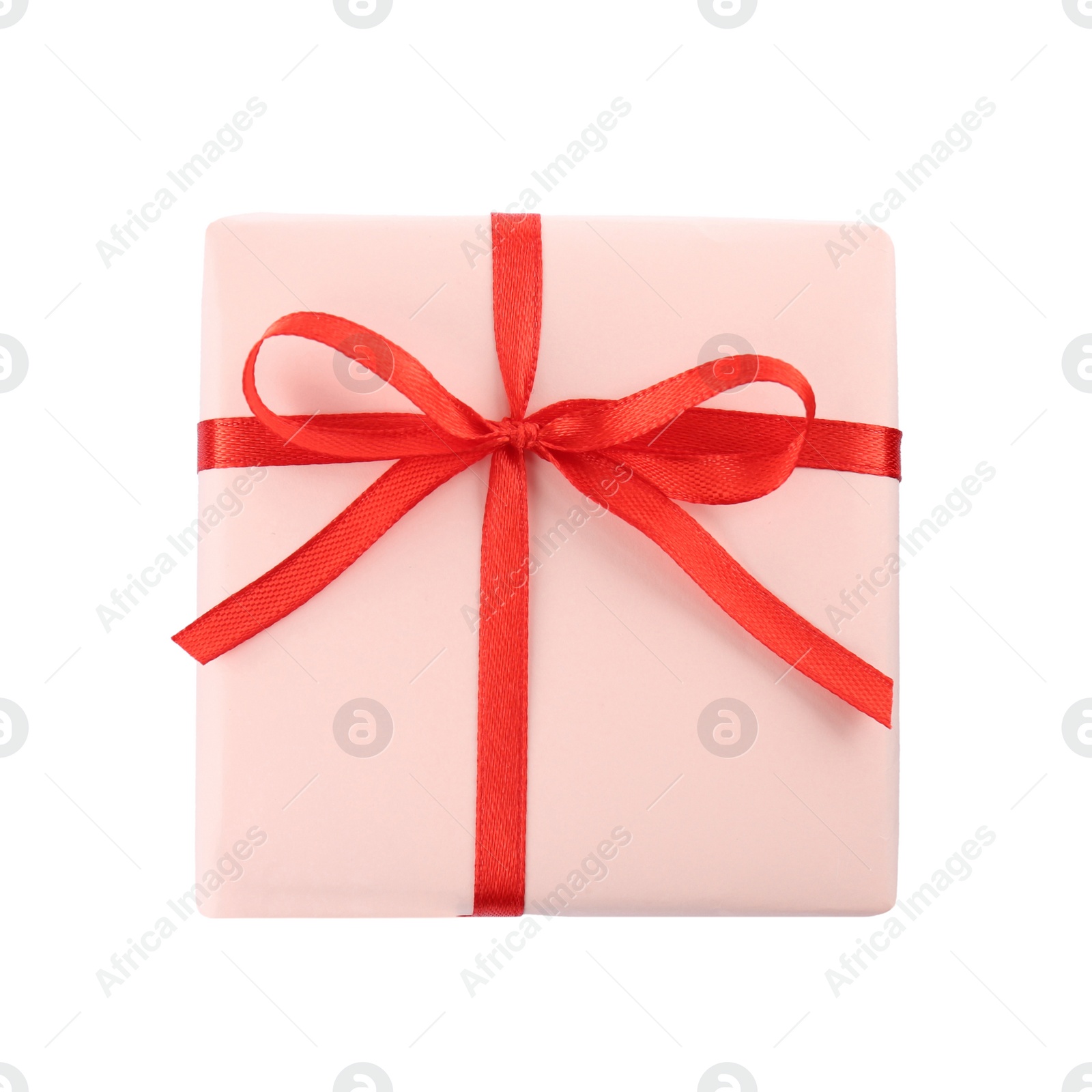 Photo of Beautiful gift box with red bow isolated on white, top view