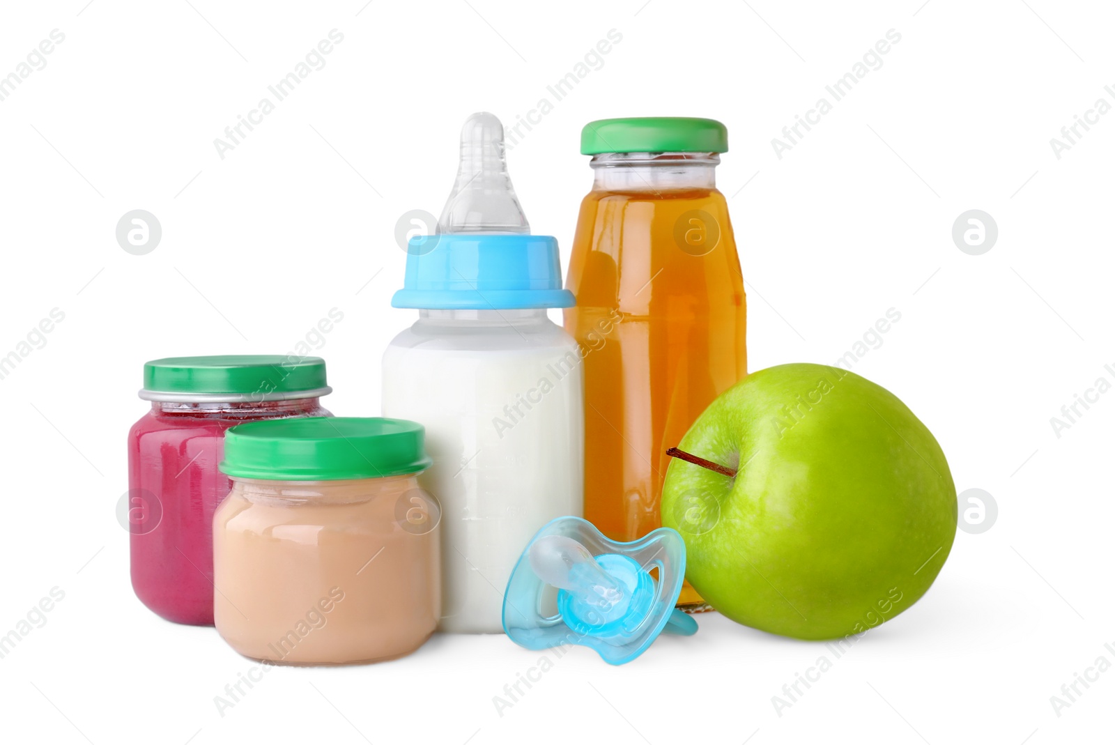 Photo of Healthy baby food, bottles with juice, milk, apple and pacifier on light grey background