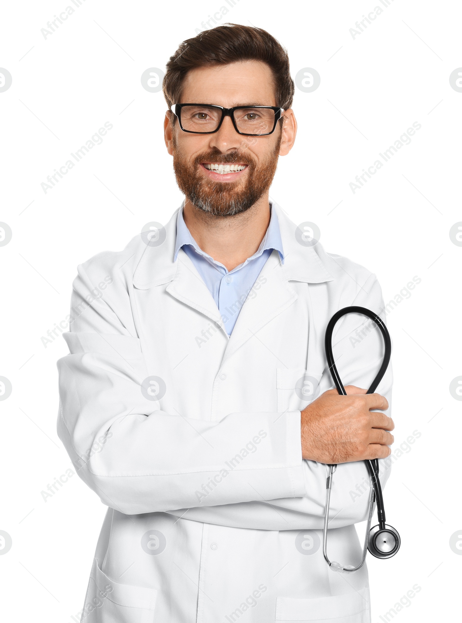 Photo of Portrait of doctor with stethoscope on white background