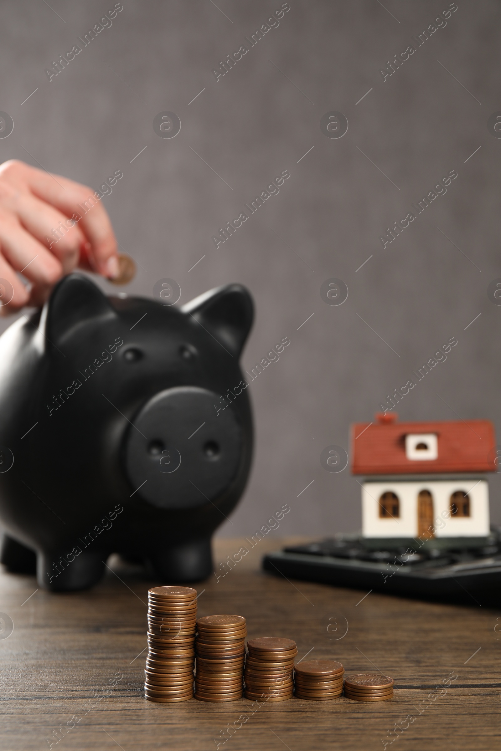 Photo of Woman putting coin into piggy bank, closeup. House model, calculator and money on wooden table, selective focus