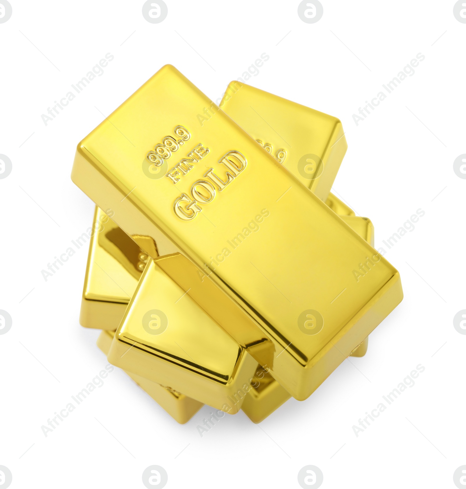Photo of Many shiny gold bars isolated on white, top view