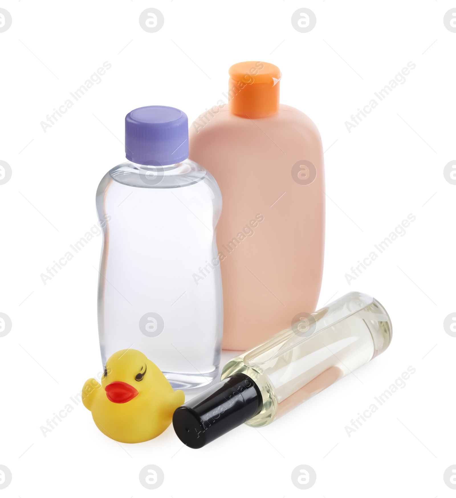 Photo of Baby oil, toiletries and toy duck on white background