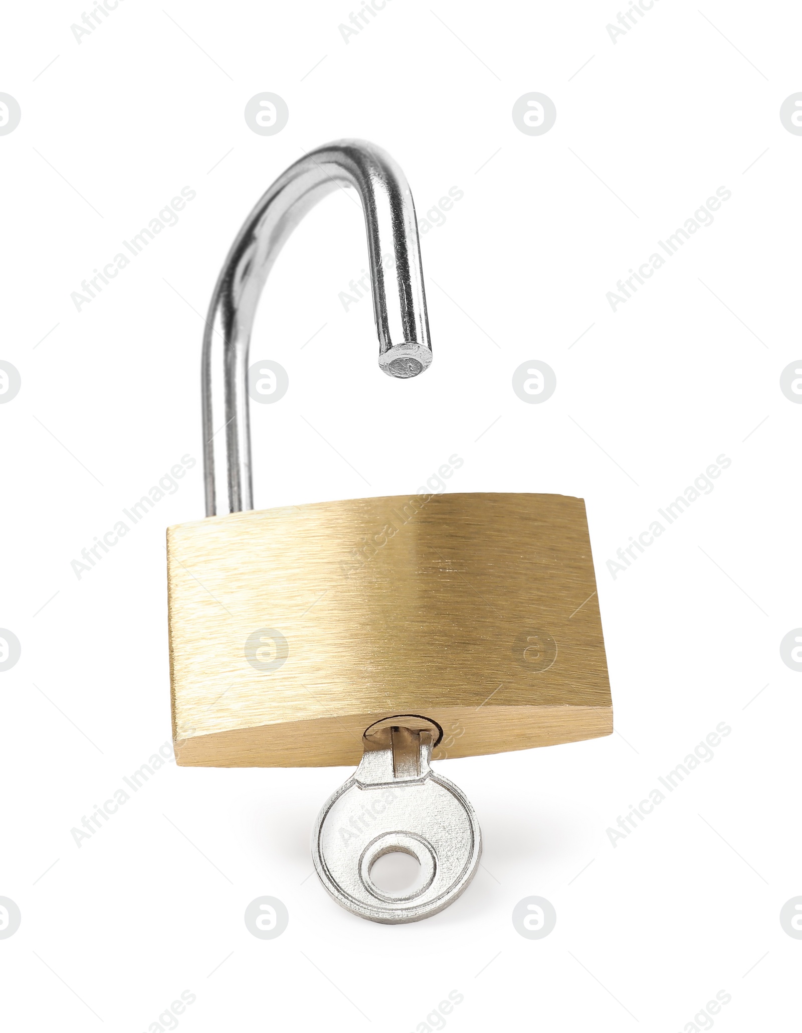 Photo of Steel padlock and key isolated on white