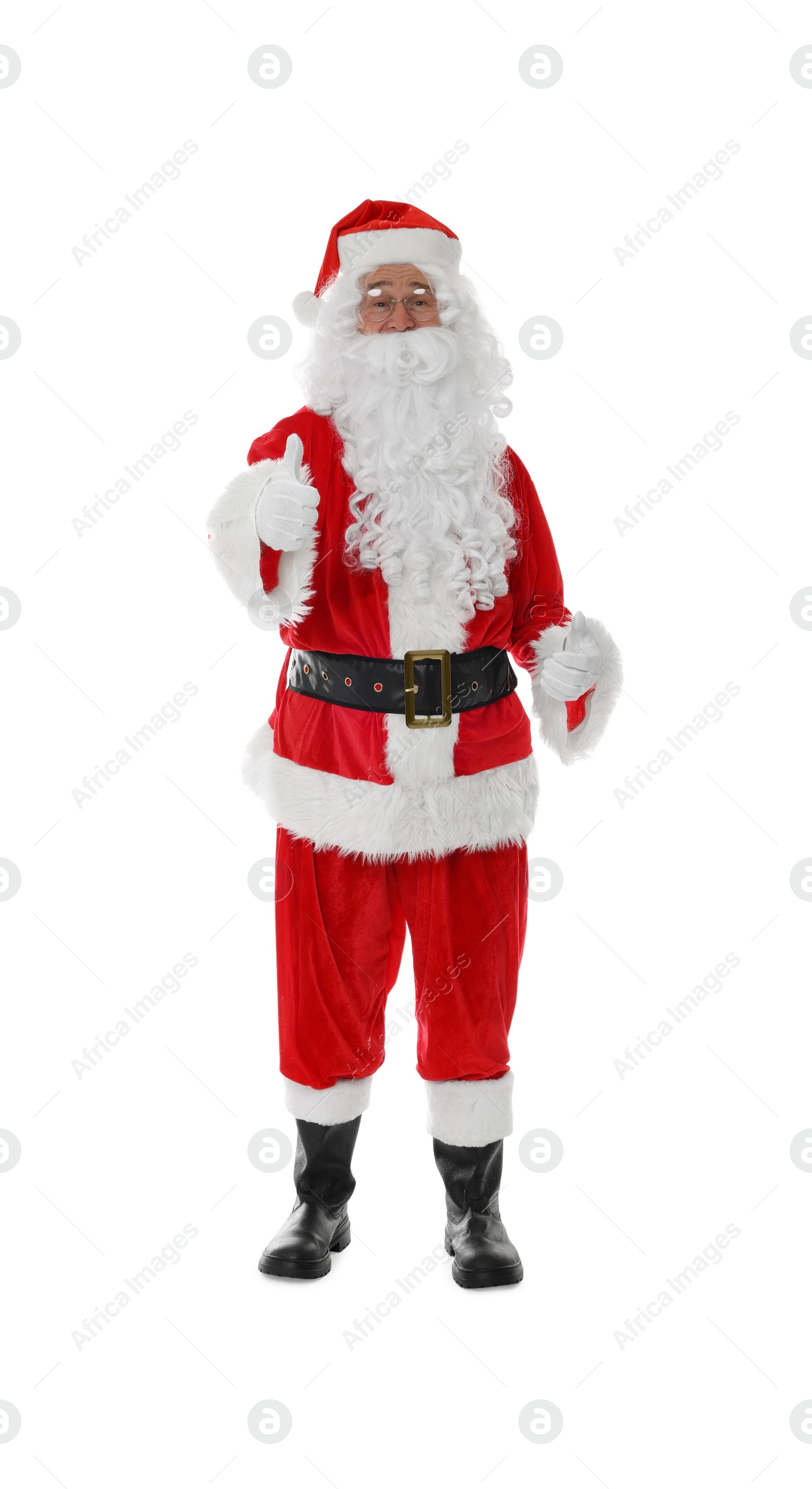 Photo of Man in Santa Claus costume posing on white background