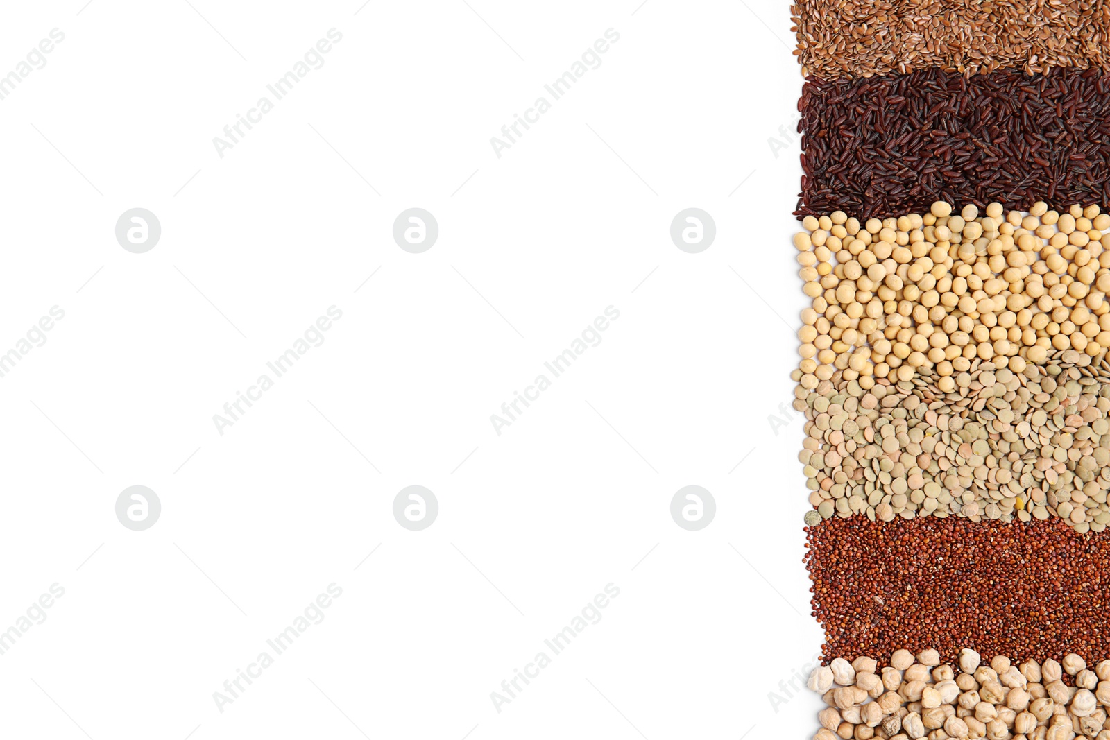 Photo of Various raw veggie seeds on white background, top view