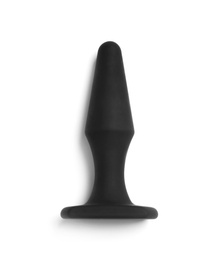 Black anal plug on white background, top view. Sex toy