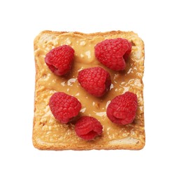 Photo of Delicious toast with peanut butter and raspberries isolated on white, top view