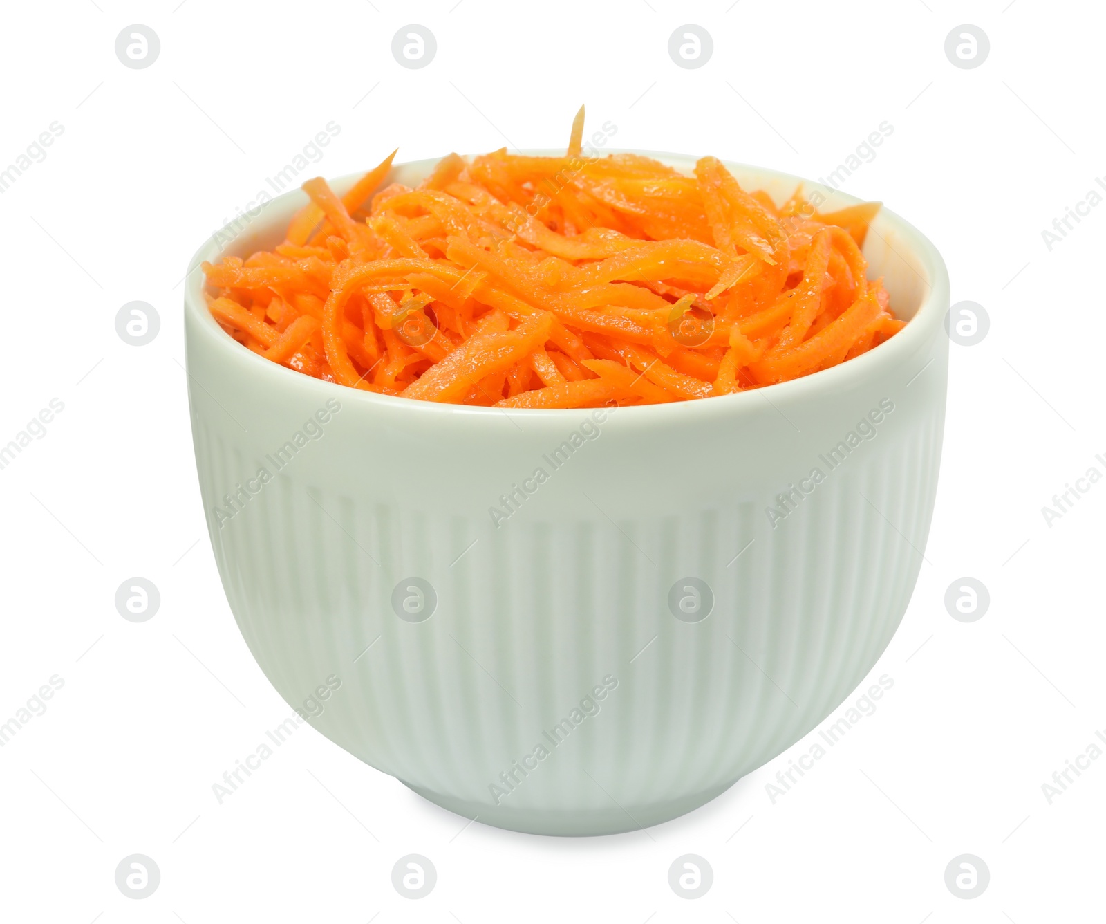 Photo of Delicious Korean carrot salad in bowl isolated on white