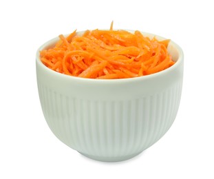 Photo of Delicious Korean carrot salad in bowl isolated on white