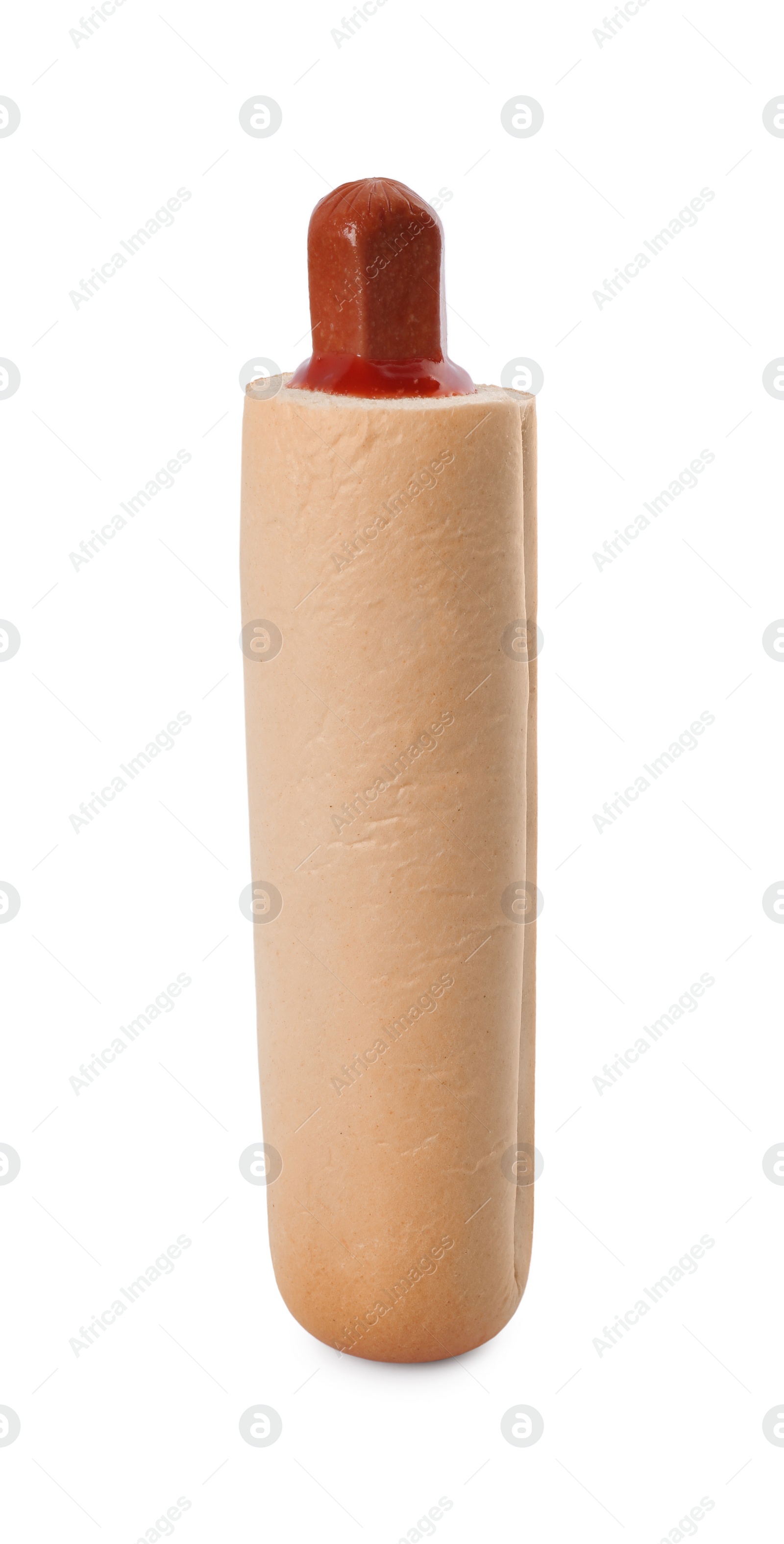Photo of Tasty french hot dog with ketchup isolated on white