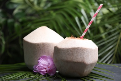 Photo of Young peeled coconut with straws, palm leaf and flower on black table