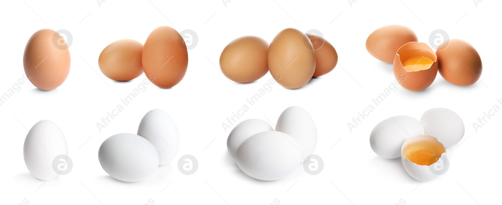 Image of Set of whole and broken eggs on white background, banner design 