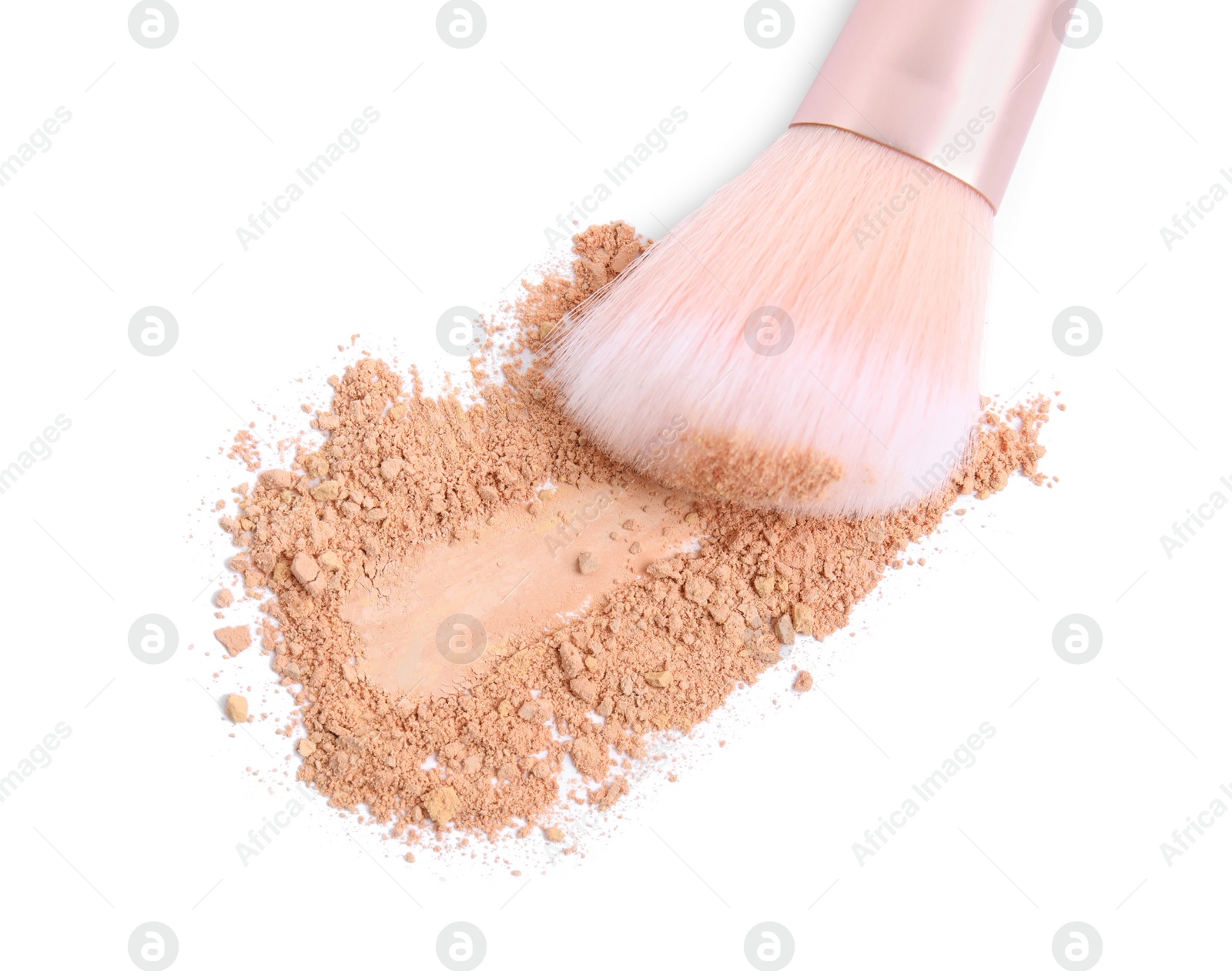 Photo of Loose face powder and makeup brush on white background, top view