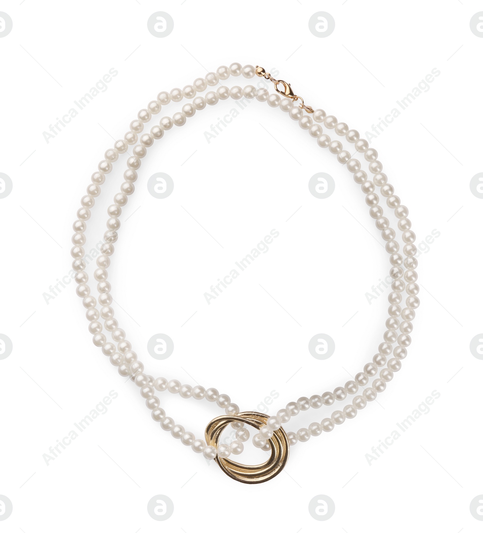 Photo of Elegant pearl necklace isolated on white, top view