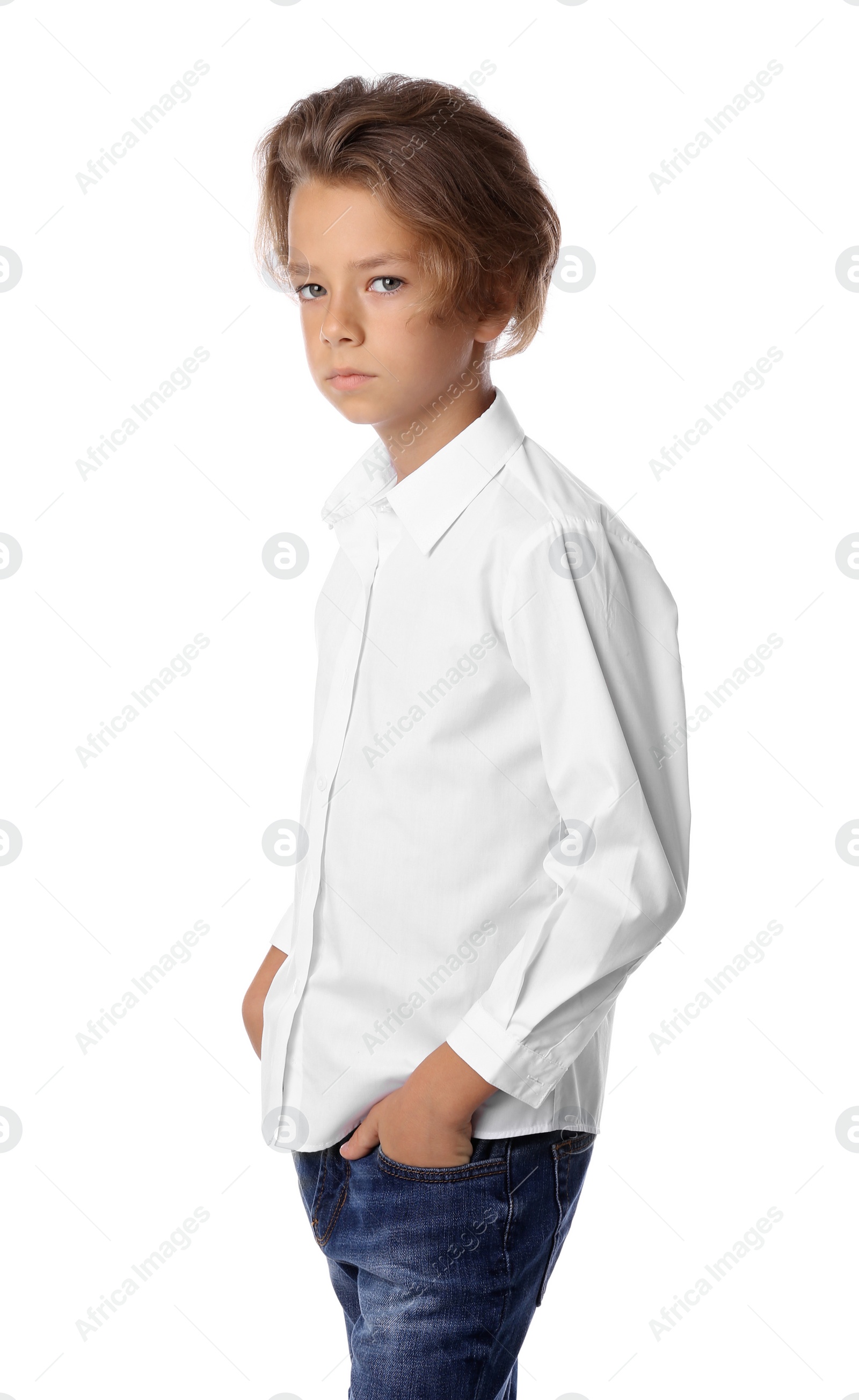 Photo of Portrait of cute little boy in casual outfit on white background