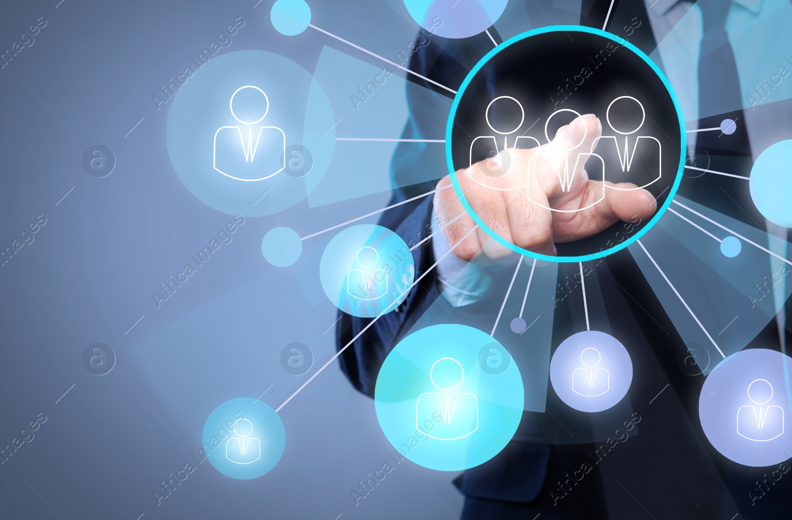 Image of Man touching icon on virtual screen with structure of organization, closeup. Business corporation