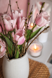 Beautiful bouquet with spring pink tulips, closeup