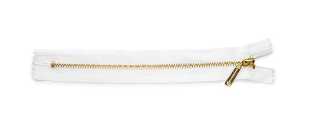 Photo of Golden zipper isolated on white, top view