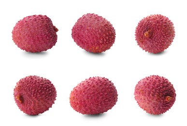 Image of Set with tasty ripe lychee fruits on white background