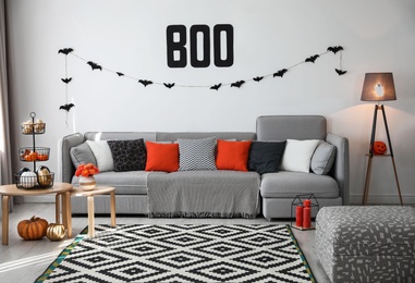 Modern room decorated for Halloween. Festive interior