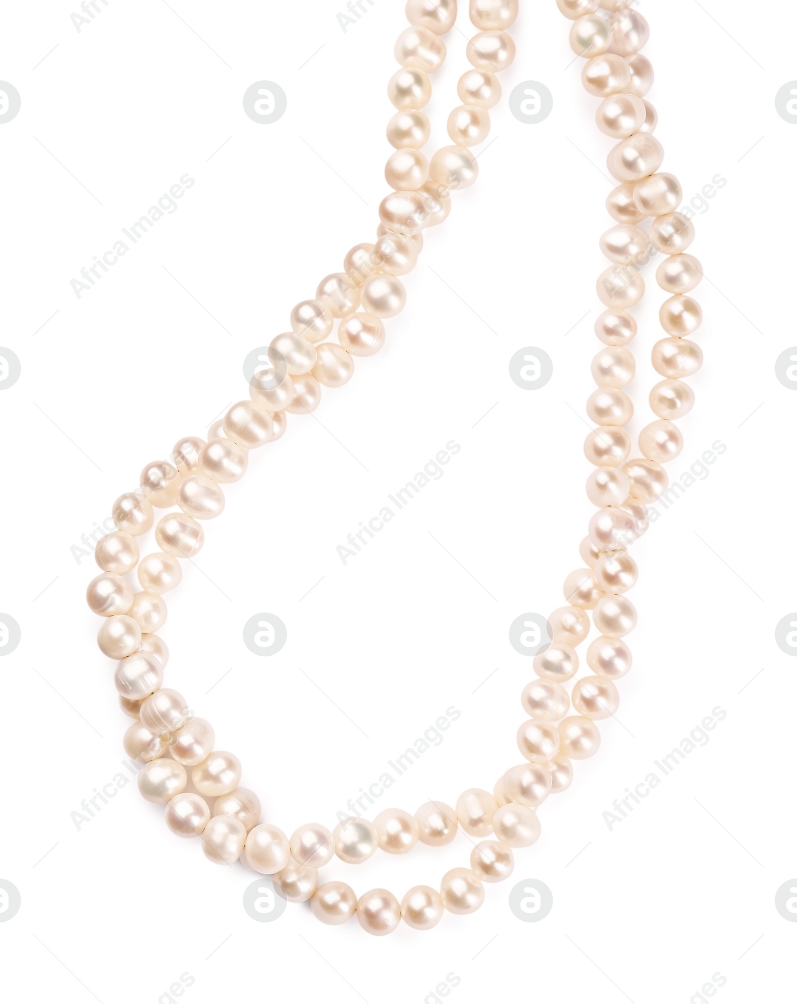 Photo of Elegant pearl necklace isolated on white, top view