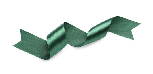 Photo of Beautiful dark green ribbon isolated on white, top view