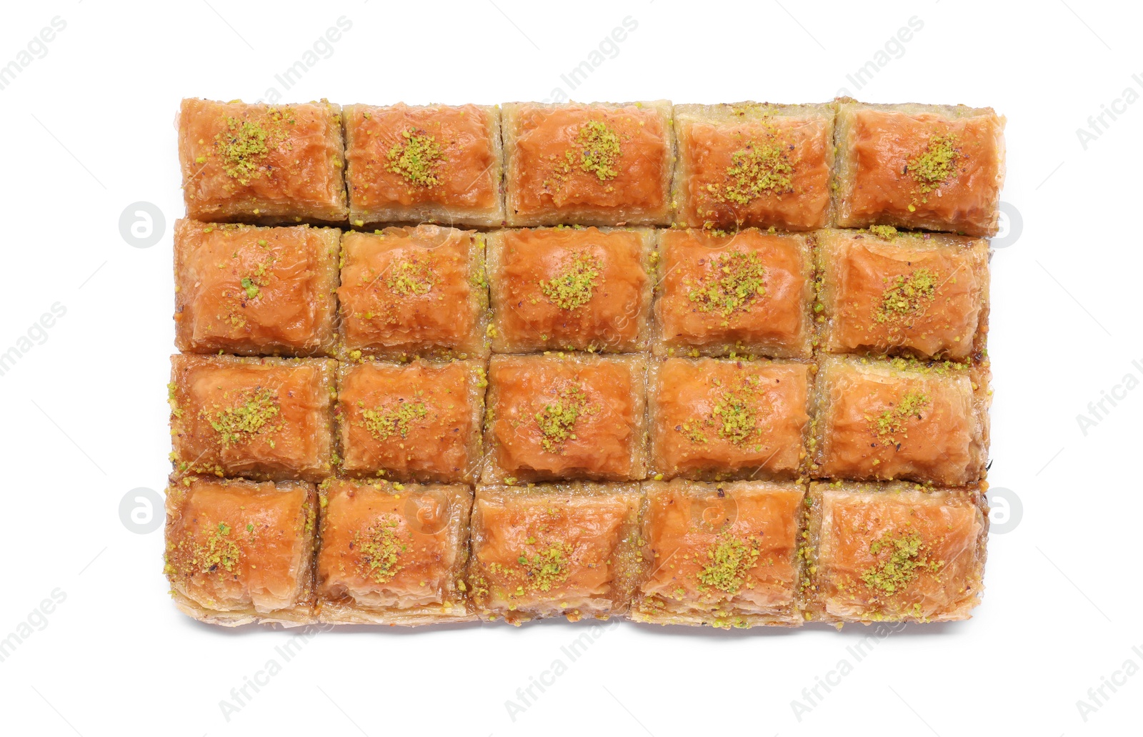 Photo of Delicious sweet baklava with pistachios isolated on white, top view