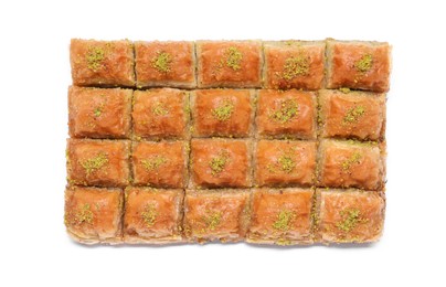 Photo of Delicious sweet baklava with pistachios isolated on white, top view