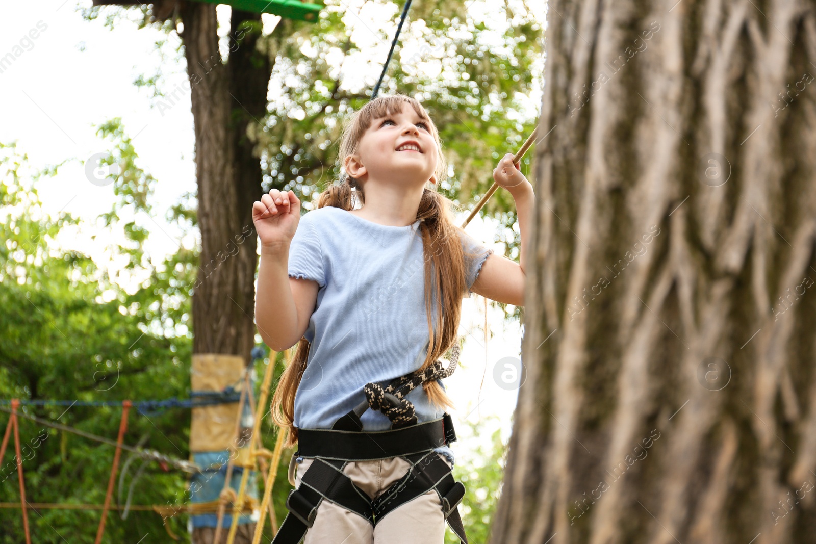 Photo of Little girl climbing in adventure park. Summer camp