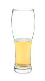 Photo of Half full glass of cold beer isolated on white