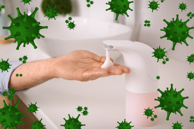 Image of Man using automatic soap dispenser in bathroom, closeup. Washing hands during coronavirus outbreak