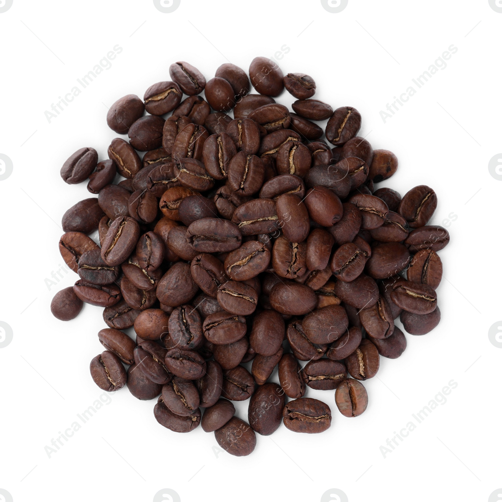 Photo of Pile of roasted coffee beans on white background, top view