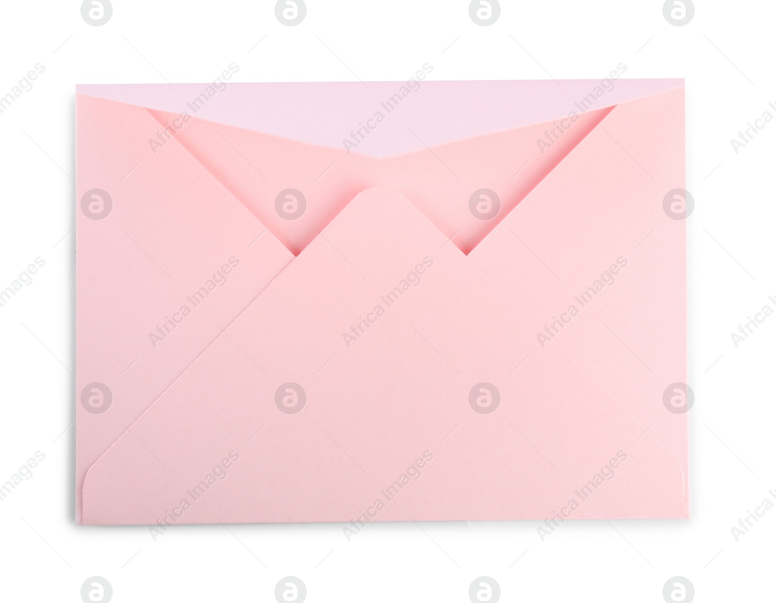 Photo of Open pink letter envelope isolated on white, top view