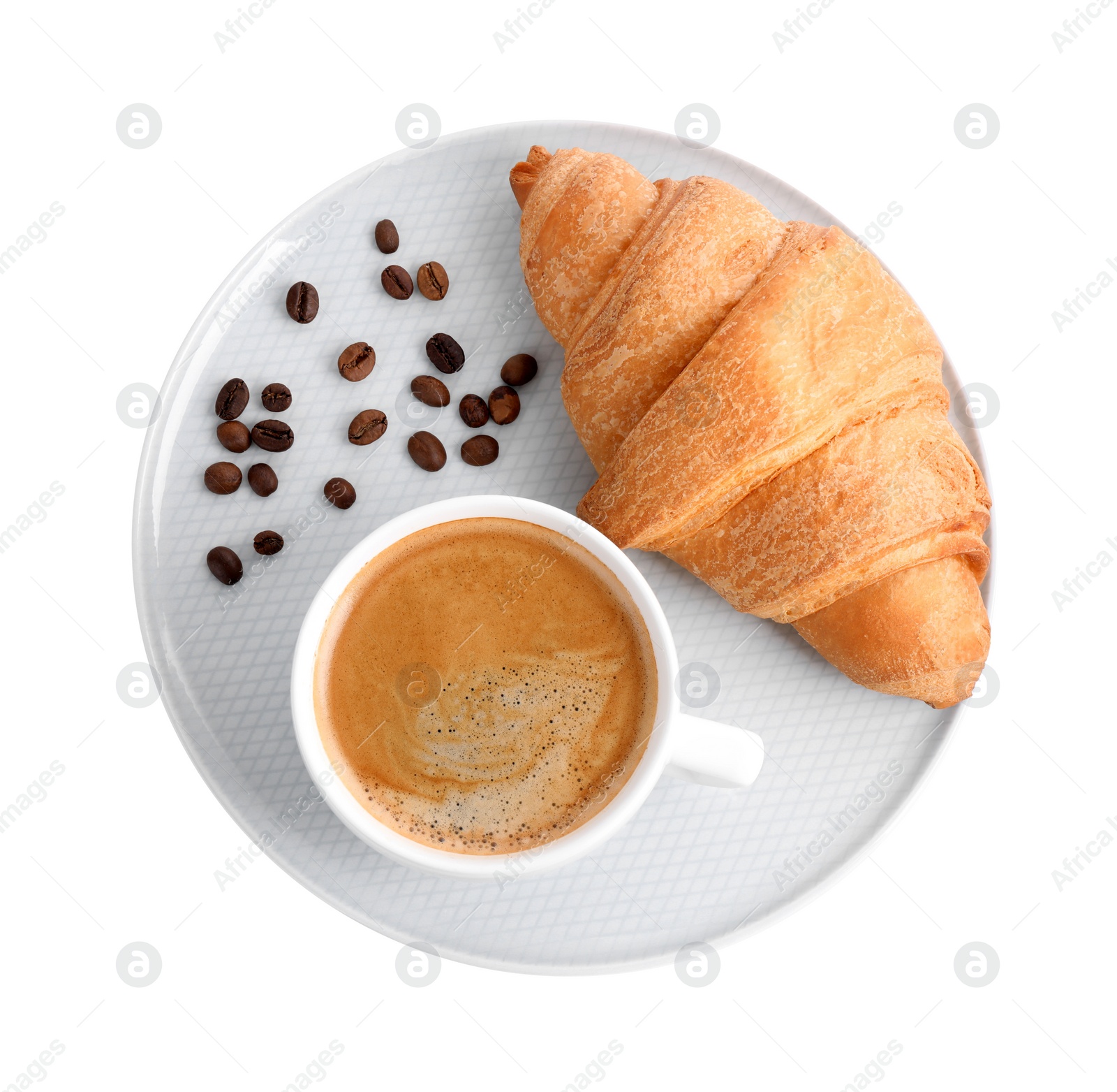 Photo of Fresh croissant and coffee on white background, top view