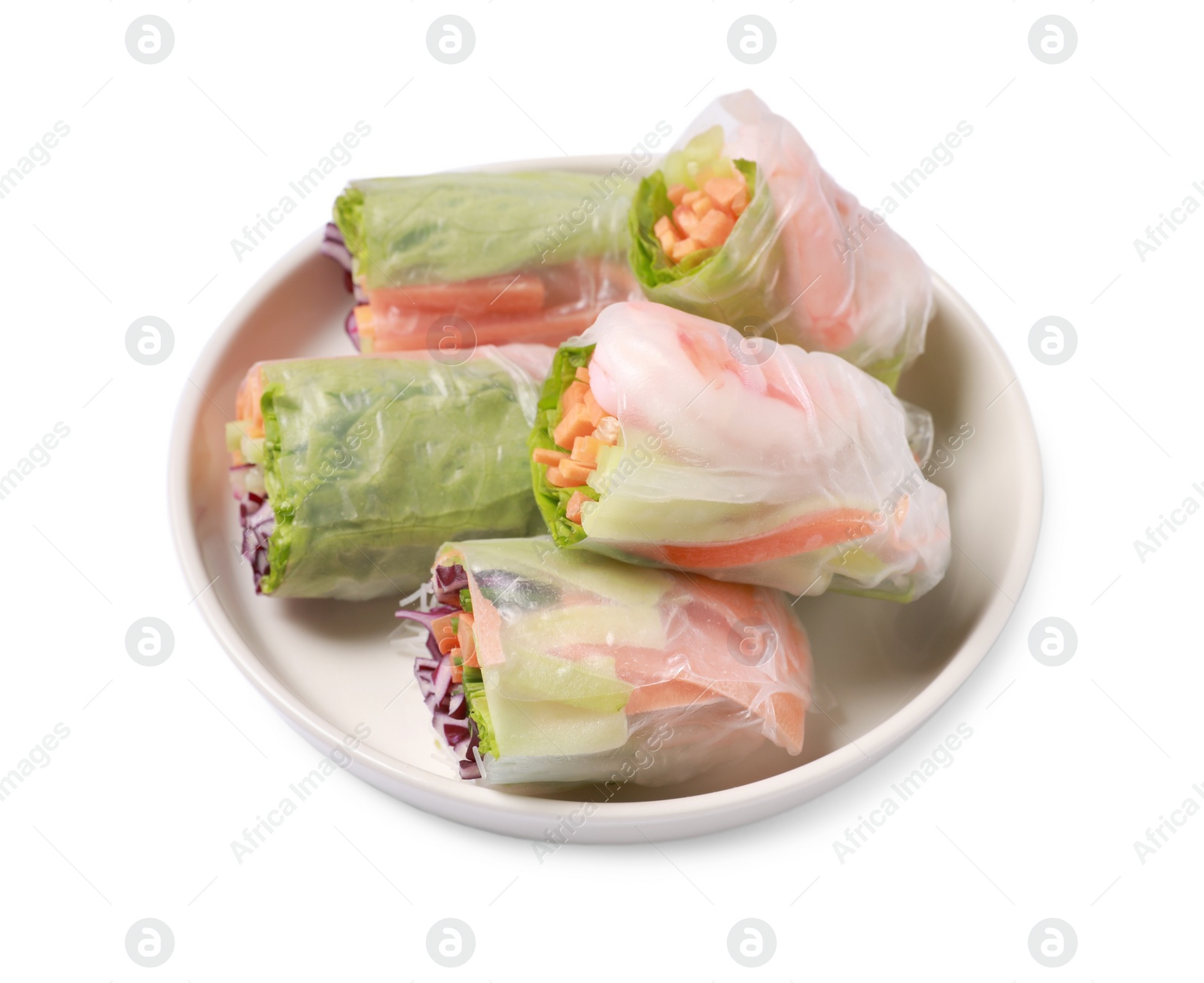 Photo of Plate of different delicious spring rolls wrapped in rice paper isolated on white