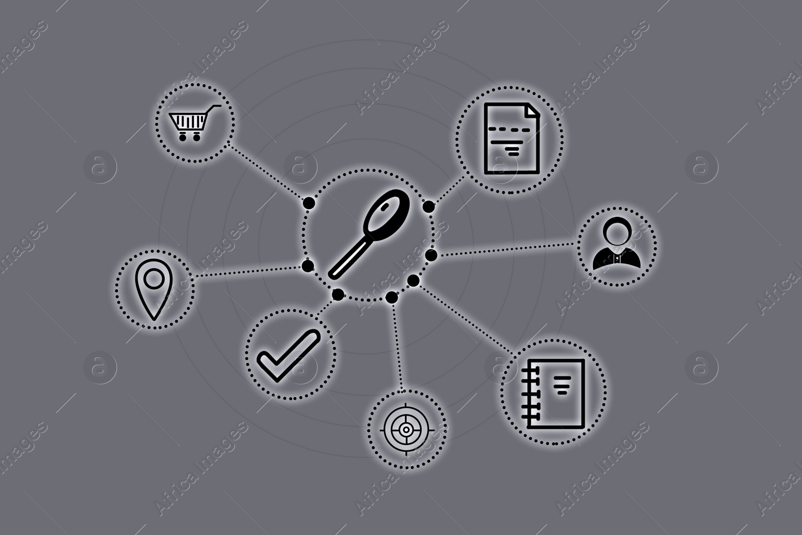 Illustration of Search inquiries. Set of linked icons on grey background