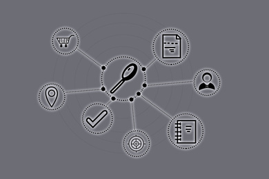 Illustration of Search inquiries. Set of linked icons on grey background