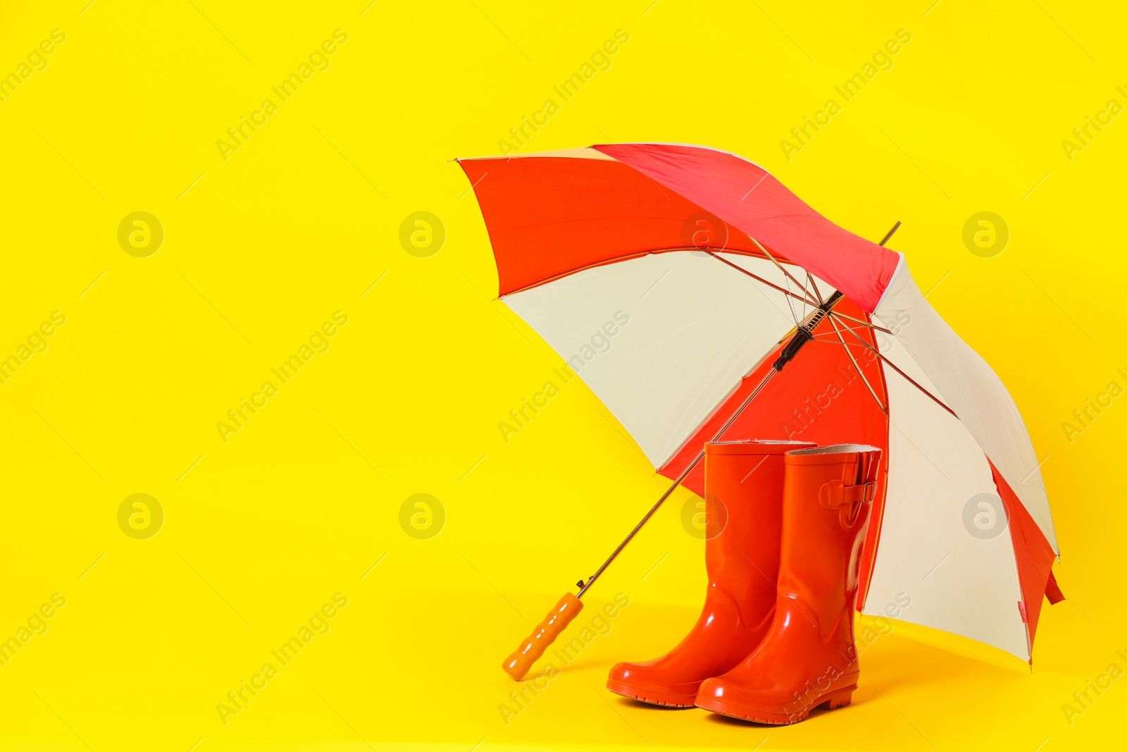 Photo of Colorful umbrella and red rubber boots on light yellow background. Space for text