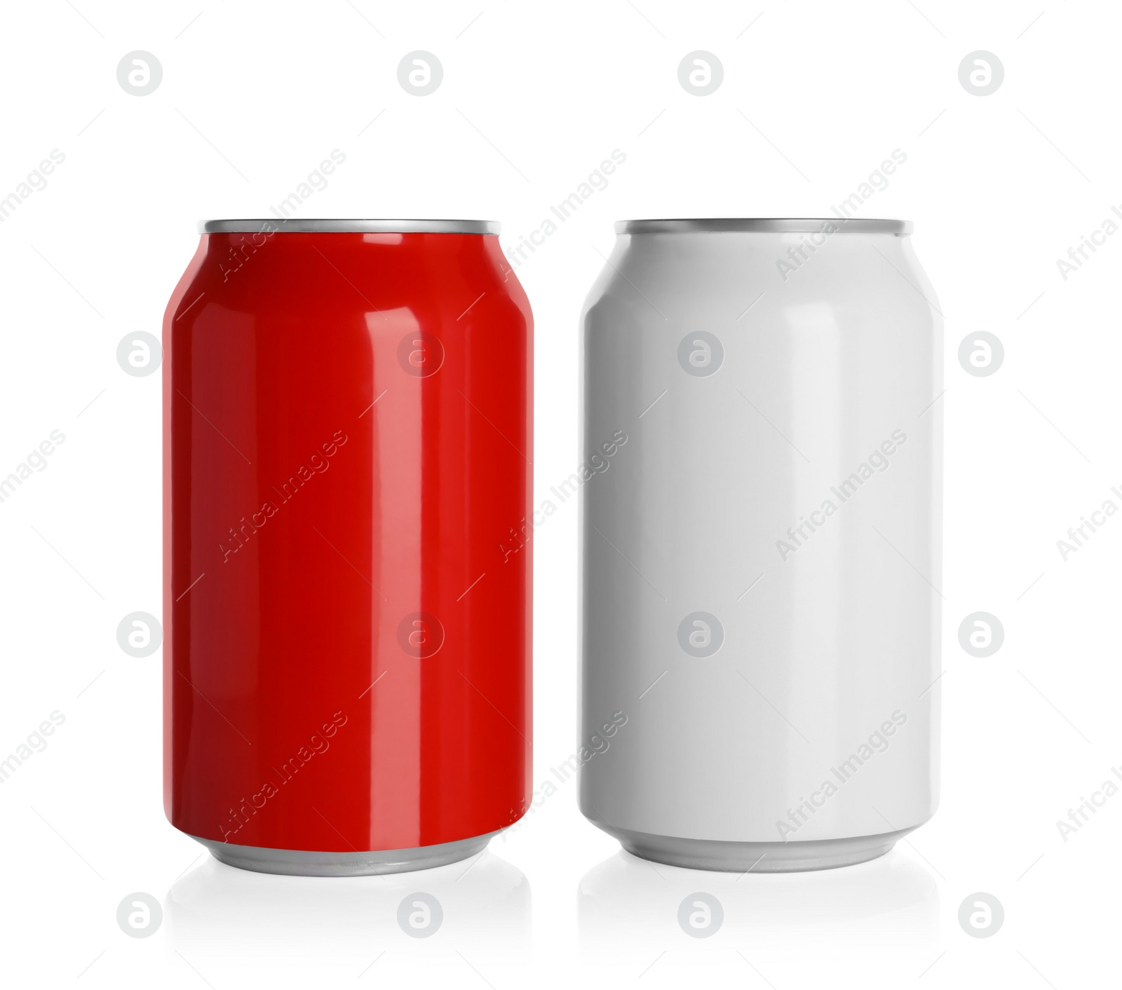 Photo of Aluminum cans with drinks on white background