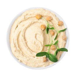 Bowl of delicious hummus with chickpeas isolated on white, top view