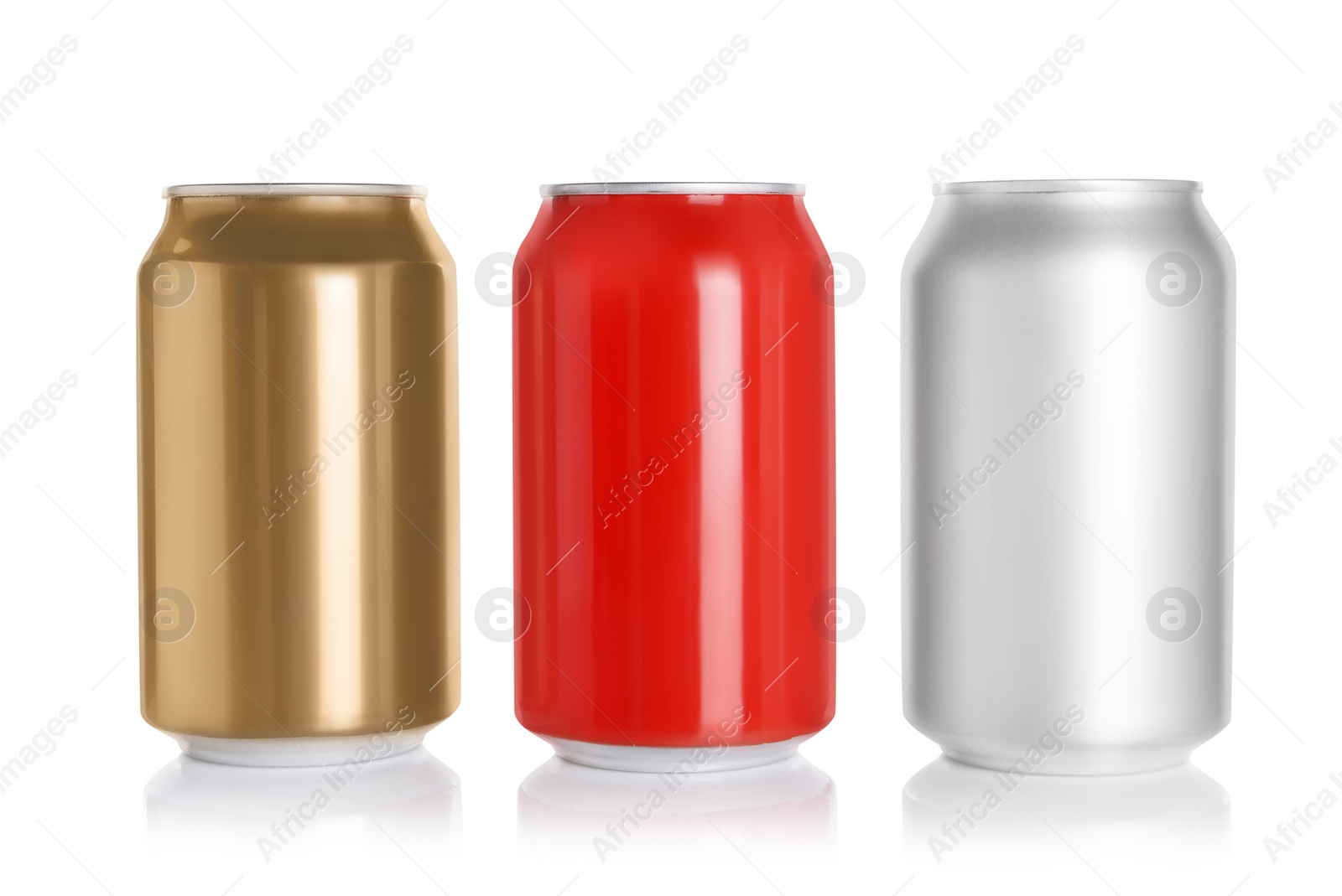 Photo of Aluminum cans with drinks on white background