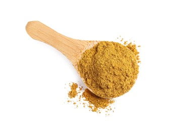 Spoon with dry curry powder isolated on white, top view