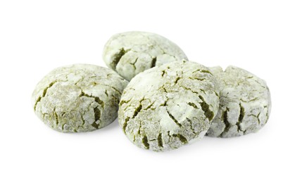 Many tasty matcha cookies on white background