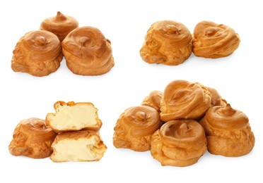 Image of Delicious profiteroles with cream filling on white background, collage design