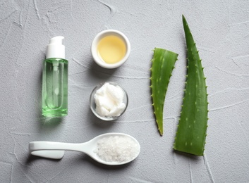 Photo of Ingredients for natural body scrub on grey background