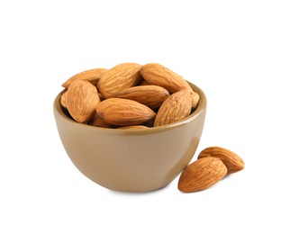 Bowl and organic almond nuts on white background. Healthy snack